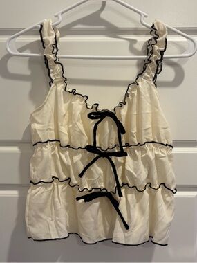 Sugar Lips Cream Ruffle Tank Top L Black Trim Bow Tiered Coquette